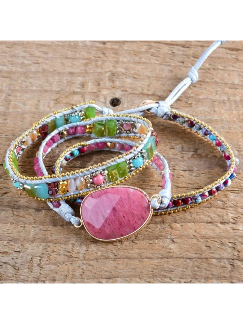 Boho Handmade Natural Stone Crystal Leather Bead Wrap Bracelets for Women